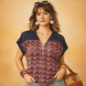 Chevron Striped Zipper Semi Sheer Short Sleeve Top Large Indie Boho Chic Retro